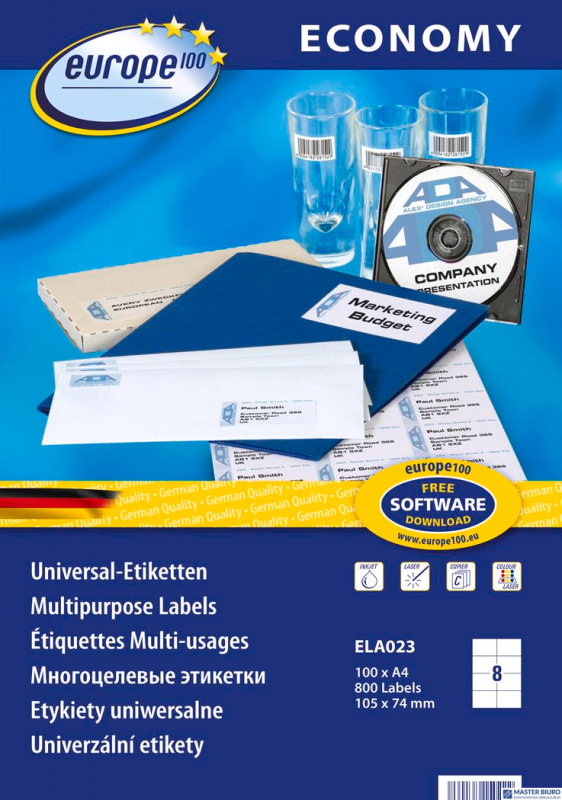 Etykiety uniwersalne Economy Europe100 by Avery Zweckform, A4, 100 ark./op., 105 x 74 mm, białe ELA023