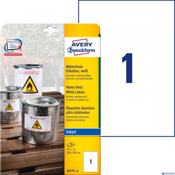 Etykiety Heavy Duty J4775-10 210 x 297 10 ark Avery Zweckform, białe, poliestrowe