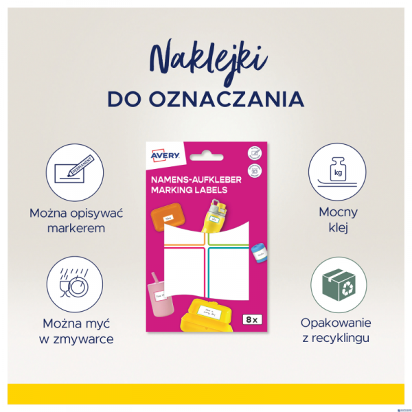 Naklejki do oznaczania; 48 x 70 mm, 8 naklejek, kolorowe ramki, AVERY NAME8C