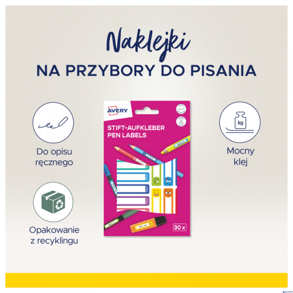 Naklejki na przybory do pisania; 50 x 10 mm , 30 naklejek.; kolorowe buźki, AVERY RESMI30S