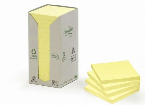 Ekologiczne karteczki samoprzylepne Post-it z certyfikatem PEFC Recycled, Żółte, 76x76mm, 16 bloczków po 100 karteczek, 654-1T 3