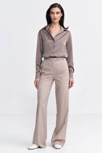 Nife Spodnie bootcut, z krytym guzikiem, prążek - beż - SD103