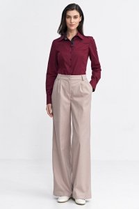 Nife Spodnie z zakładkami, wide leg, prążek - beż - SD105
