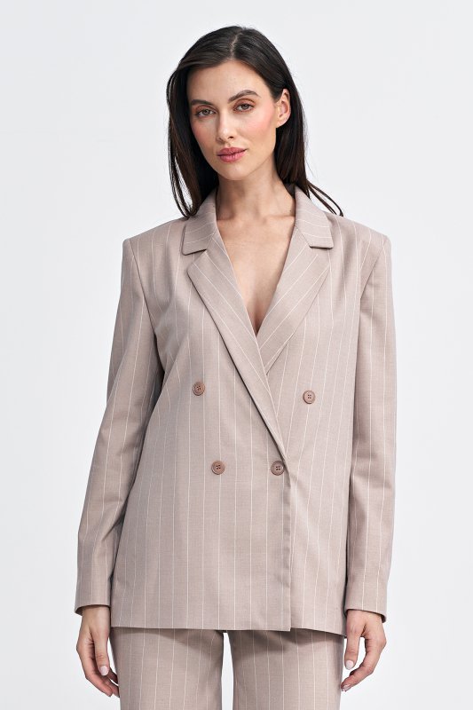Nife Marynarka oversize, dwurzędowa, prążek - beż - Z71
