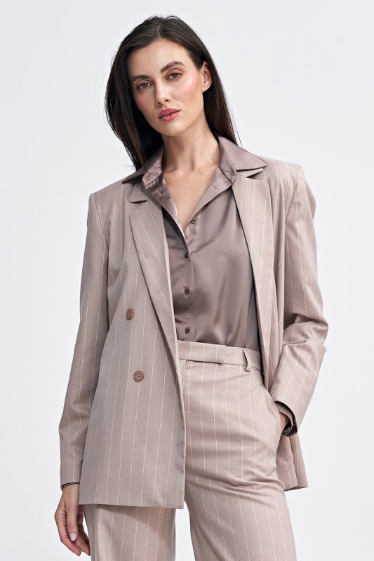 Nife Marynarka oversize, dwurzędowa, prążek - beż - Z71