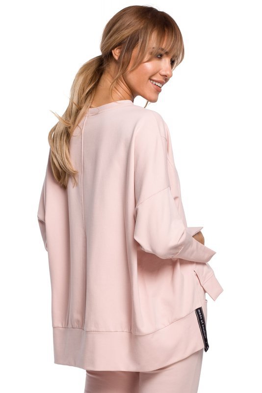 Moe M491 Bluza z rozcięciami na bokach i lampasem - cukierkowy róż