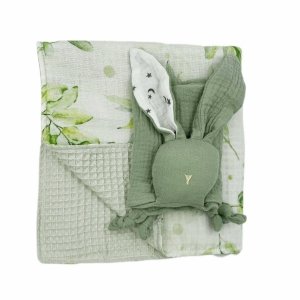 Kocyk wafelkowy 70x100 + przytulanka  dla noworodka Green Flora 