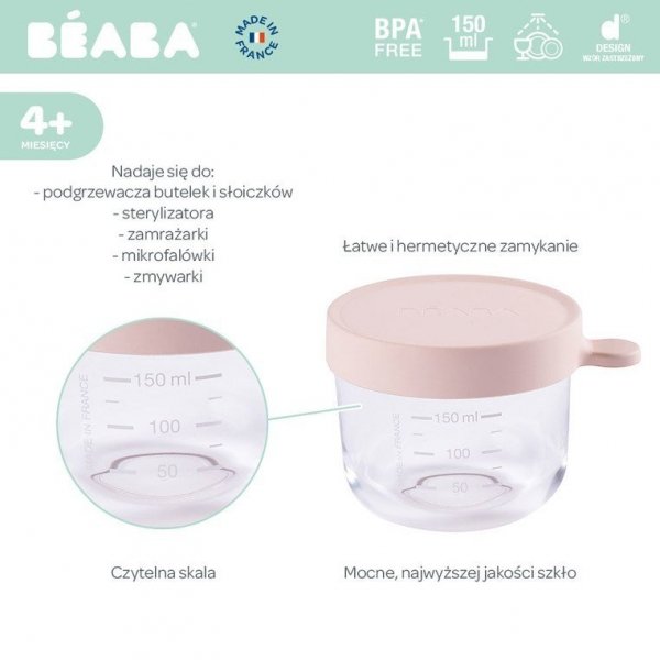 Beaba Pojemnik słoiczek szklany z hermetycznym zamknięciem 150 ml pink
