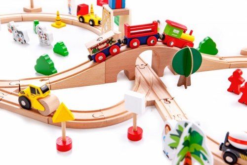 Drewniany pociąg kolejka 74 elementy ECOTOYS