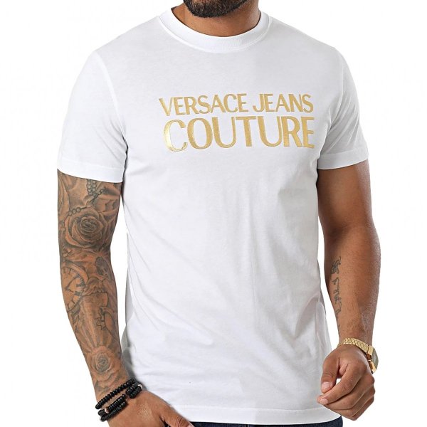  Versace Jeans Couture t-shirt koszulka męska biała złoty nadruk 74GAHT01