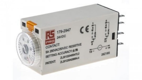 Przekaźnik czasowy zwłoczny jednofunkcyjny 0.1 → 1s DPDT 2-stykowy DPDT 24V dc