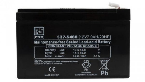 Akumulator kwasowo-ołowiowy, AGM, 7Ah, 12V, RS PRO