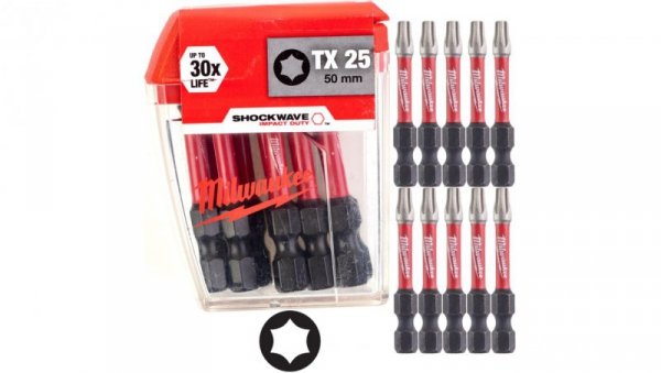 Bity udarowe do wkrętarki TORX TX25 50mm 1/4 SHOCKWAVE 10szt MILWAUKEE