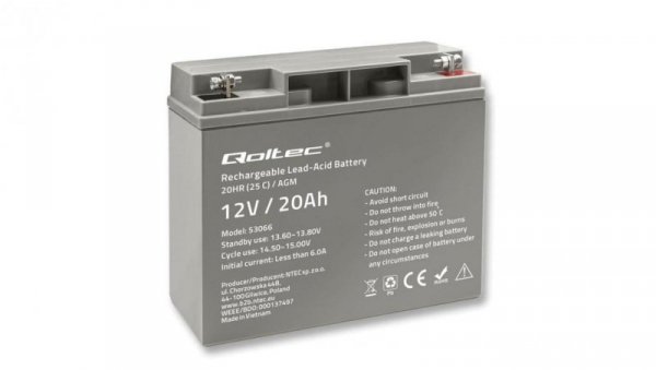 Qoltec Akumulator AGM 12V 20Ah Bezobsługowy Wydajny LongLife do UPS, skutera