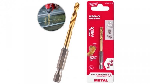 Wiertło do metalu HSS-G TiN walcowane 4,5x29/76mm RED HEX SHOCKWAVE MILWAUKEE