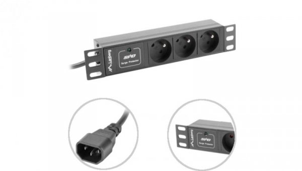 Listwa zasilająca RACK PDU 10 LANBERG 1U 10A 3X 230V PL 2M czarna C14 PDU-03E-0200-IEC-BK
