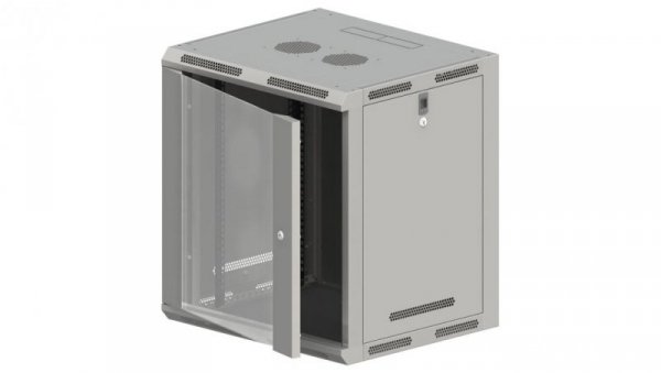 Szafa rack wisząca 19 cali 15U 600x500, niedzielona, drzwi szklane, kolor szary FLAT PACK