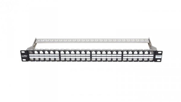 Patch Panel 19 panel krosowy, niewyposażony, modularny na 48xRJ45, ekranowany, 1U, czarny, wymienne pola opisowe 11305116