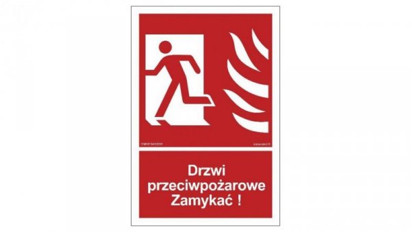 ZNAK - BB011 Drzwi przeciwpożarowe Zamykać! Kierunek drogi ewakuacyjnej w lewo 50 x 74 cm PS - Płyta 1mm foto.