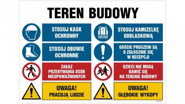 ZNAK - OI020 Teren budowy, Uwaga! Praca ciężonny, Stosuj kamizelkę odblaskową, Stosuj obuwie ochronne, Goście pro 100 x 75 cm FN