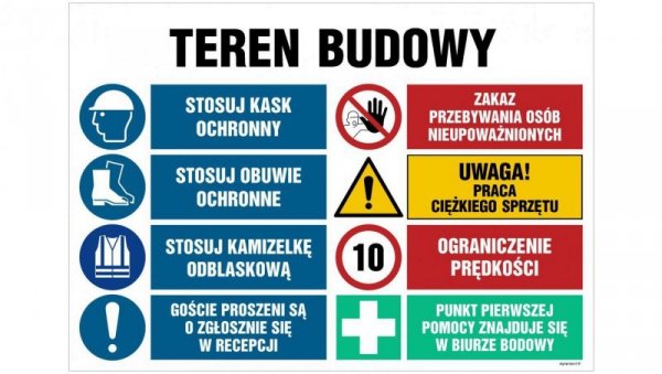 ZNAK - OI023 Teren budowy, Stosuj kask ochronny, Zakaz przebywania osób nieupoważnionych, Stosuj obuwie ochronne, 100 x 75 cm FN