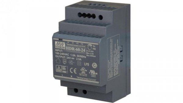 Zasilacz na szynę DIN 24V 2,5A 60W uniwersalny HDR MEAN WELL