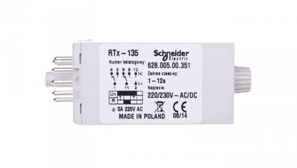 Przekaźnik czasowy jednofunkcyjny 2P 5A 1-12sek 220-230V AC/DC praca cykliczna RTX-135 220/230 12SEK 2002681