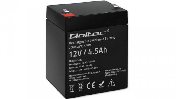 Qoltec Akumulator AGM 12V 4.5Ah Bezobsługowy Wydajny LongLife do UPS, wagi, kasy