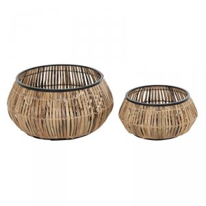 Zestaw garnków DKD Home Decor Czarny Naturalny Metal Rattan Kwadratowy Bali 50 x 50 x 25,4 cm (2 Sztuk)