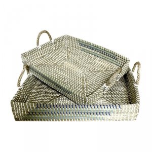 zestaw tacek DKD Home Decor Biały Turkusowy Naturalny 48 x 38 x 15 cm (2 Sztuk)