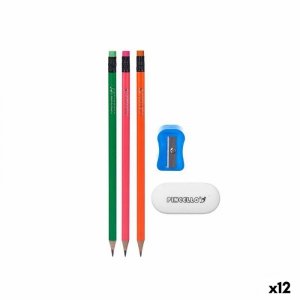 Zestaw ołówków Pincello 477 Niebieski Czerwony Kolor Zielony Pomarańczowy Temperówka Gumka do Mazania (12 Sztuk)