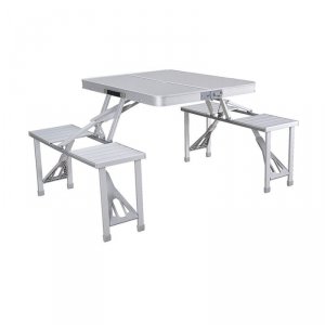 Marbueno Zestaw Stół i 4 Siedzenia z Otworem na Parasol Składany Aluminiowy Szary Camping i Plaża 136X85X67 cm 10439