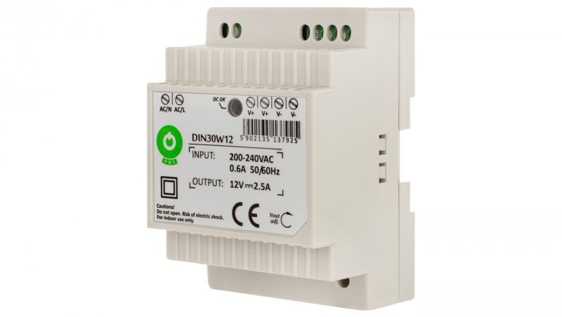 Zasilacz POS na szynę DIN 30W 12VDC 2,5A DIN30W12