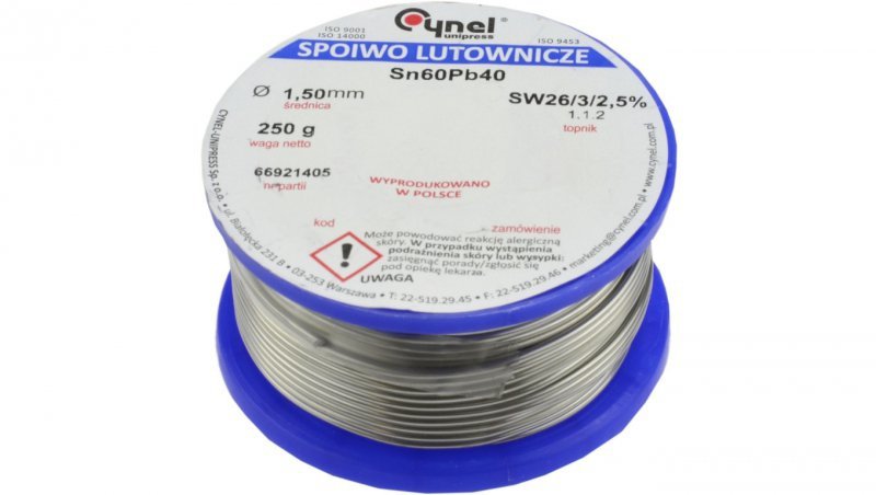 CYNEL UNIPRESS Cyna 1,50mm 250g Sn60Pb40 SW26/3/2.5 spoiwo lutownicze PROFESSIONAL