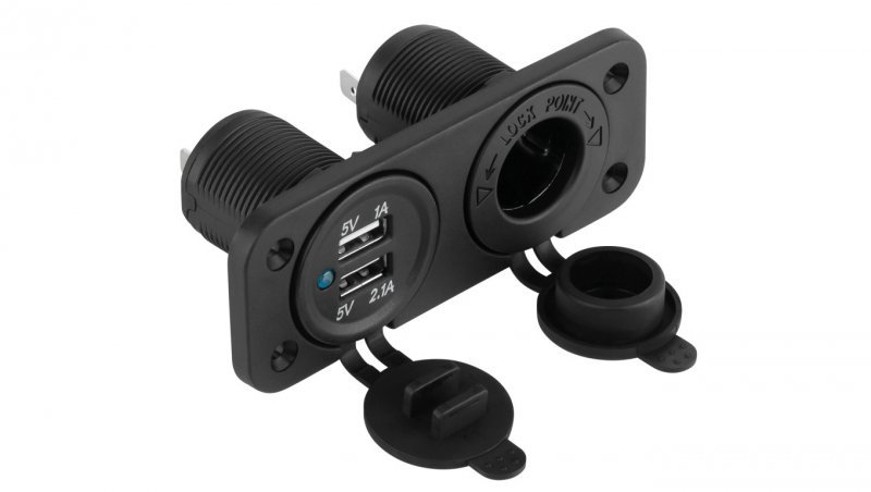 Gniazdo do zapalniczki samochodowej 12V/24V + ładowarka samochodowa 2x USB 5V / 2,1A + 1A do montażu