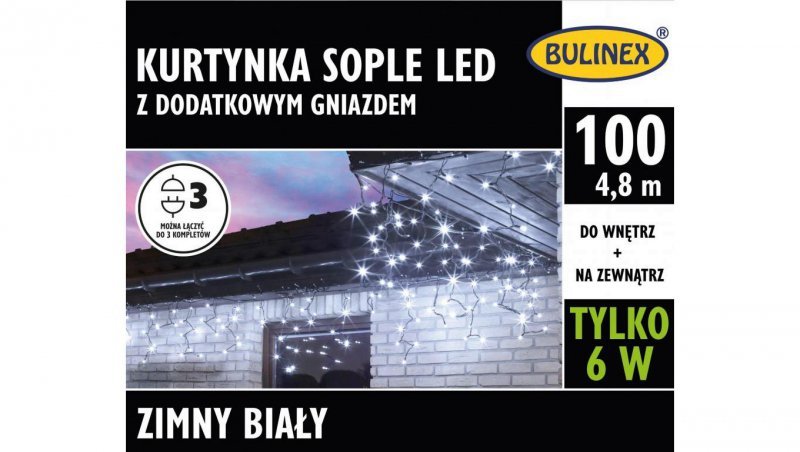 Lampki Bulinex 100led białe zimne 4,80m kurtyna sople