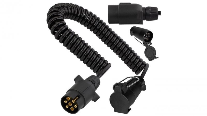 Przedłużacz spiralny QLY-s kabel do przyczepy zakończony plastikowymi złączami 7-pin 12V (gniazdo podwieszane / wtyk) 3m