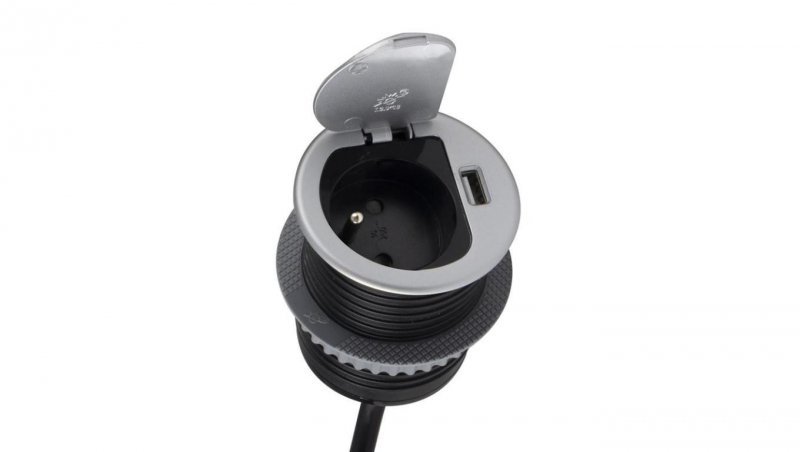 Gniazdo meblowe na 1 gniazdo 2P+Z 16A 230V + 1x USB 2,4A okrągły wpuszczany w blat SINGLE BOX 1,8m srebrny