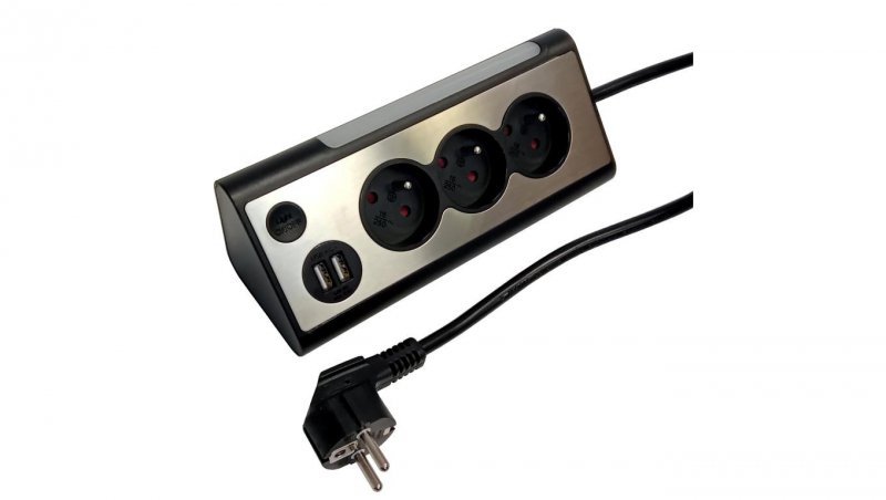 Przedłużacz Power Desk 3gniazda + 2xUSB (2,1A)+Lampka 0,5W, 1,4m, 3x1,5mm OWY, czarny / 34101