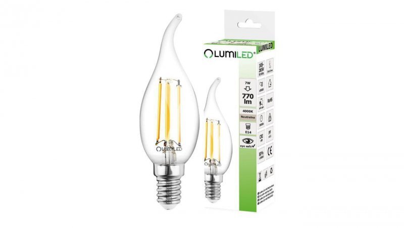 Żarówka LED Płomyk BA35 E14 7W 770lm 4000K Neutralna 360 Filament LUMILED