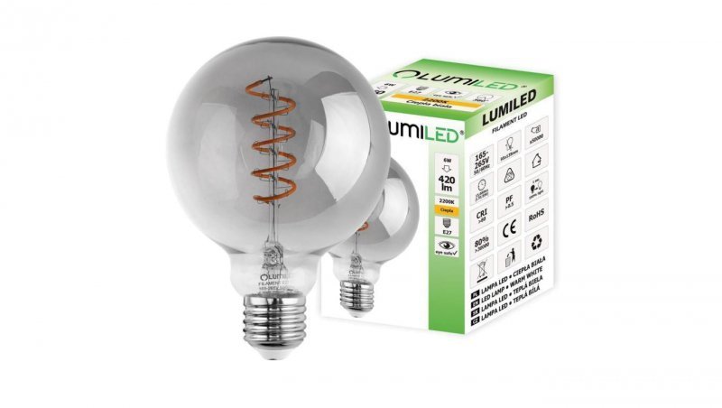 Żarówka LED E27 Dekoracyjna Kulista G95 6W 420lm 2200K Ciepła 360 Filament LUMILED GLOBE Smokey