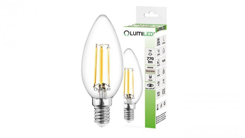 Żarówka LED E14 B35 7W = 65W 770lm 4000K Neutralna 360 Filament LUMILED