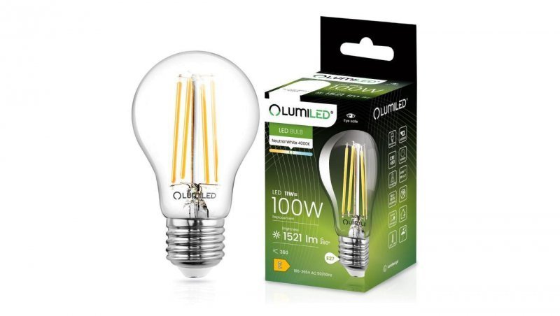 Żarówka LED E27 A60 11W = 100W 1521lm 4000K Neutralna 360 Filament LUMILED