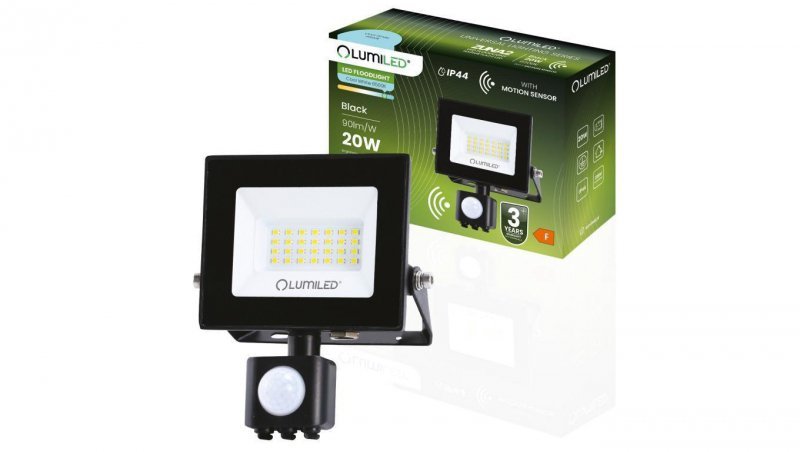 Naświetlacz LED ZUNA2 20W 1800lm 6500K IP44 Czarny Czujnik Ruchu LUMILED