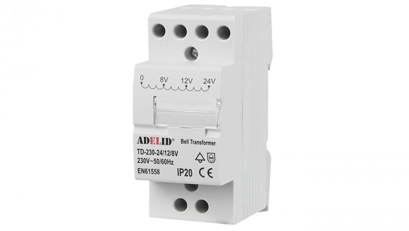 TRANSFORMATOR DZWONKOWY MODUŁOWY NA DZWONEK NA SZYNĘ TD8 230V 8V 12V 24V TD-230-24/12/8V