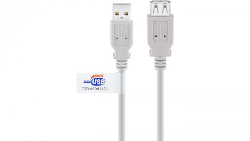 Przedłużacz USB 2.0 Hi-Speed z certyfikatem USB, Szary - Długość kabla 1.8 m