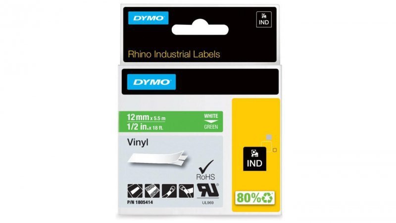 Taśma DYMO IND winylowa uniwersalna 12mm x 5,5m (zielona / biały nadruk) RHINO Industrial 1805414 ORYGINALNA