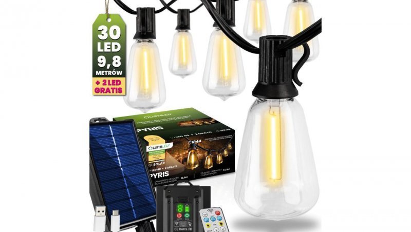 Girlanda Solarna Ogrodowa 30x LED Ozdobne Żarówki 9,8m 2700K Ciepła + Pilot PYRIS LUMILED
