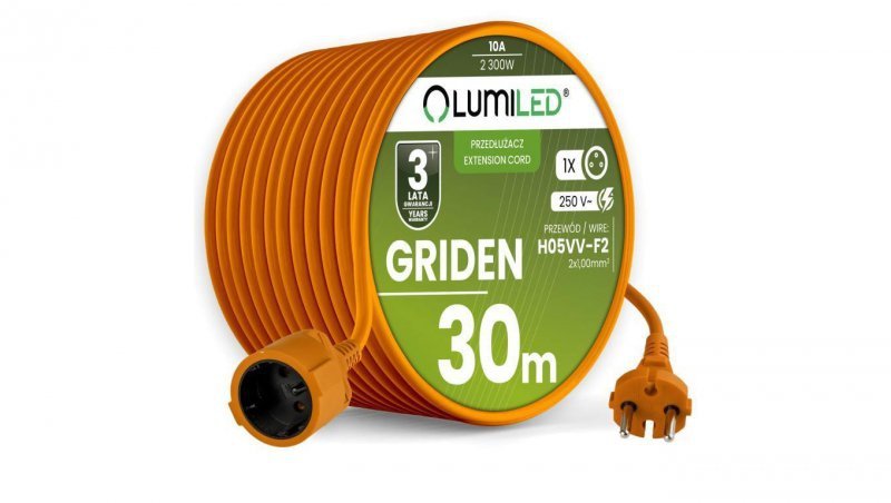 Przedłużacz Ogrodowy Kabel Budowlany Pojedynczy 1 Gniazdo 30m Pomarańczowy Sznur GRIDEN Lumiled