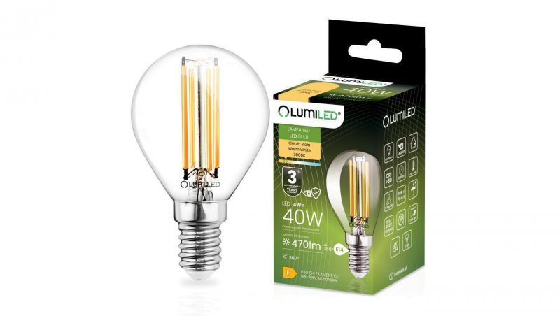 Żarówka LED E14 Kulka P45 4W = 40W 470lm 3000K Ciepła 360 FILAMENT LUMILED